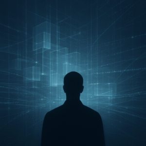 Silueta humana observando una red luminosa de estructuras geométricas y datos, representando el sistema algorítmico de producción de verdad