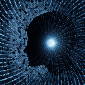 Silencio de perfil humano integrado en un circuito digital con un punto central de luz que representa procesamiento algorítmico.