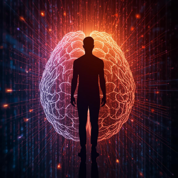 Silueta humana entre líneas de código o luz difusa sobre un cerebro abstracto